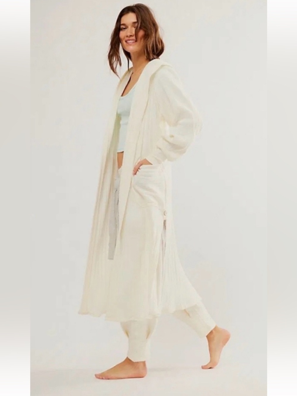 Free People Cream Ribbed Long Cardigan with Hood